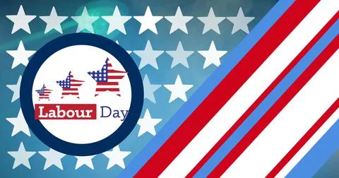 Image of happy labor day text, with stars and stripe stars, over patterns from Stock Illustration