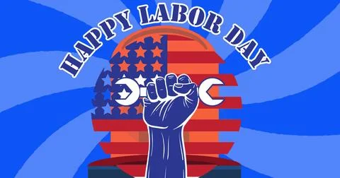 Image of happy labor day text over american flag and lights Ilustración de archivo