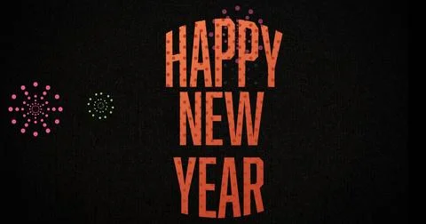 Image of happy new year text and multi coloured fireworks exploding on black Stock Illustration