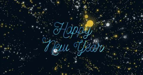 Image of happy new year text in blue letters over spot lights on black Ilustração Stock