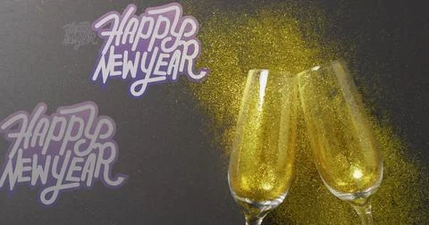 Image of happy new year text over champagne glasses Stock Illustration