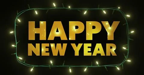 Image of happy new year text and fairy lights on black background Stock Illustration