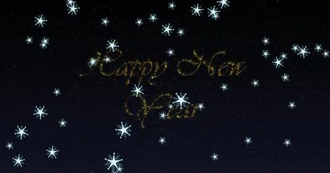 Image of happy new year text over snow falling Ilustração Stock