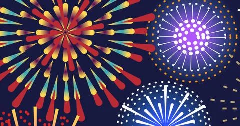 Image of happy new year text over fireworks Ilustração Stock