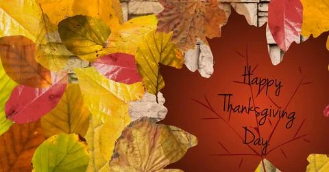 Image of happy thanksgiving day text over wooden background with autumn leaves Ilustração Stock