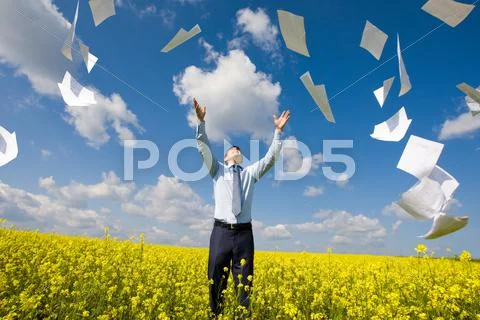 Image of happy winner throwing papers in yellow meadow Stock Photos