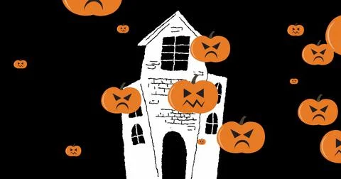 Image of haunted house over falling pumpkins on dark background Ilustração Stock