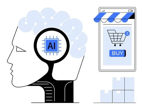 Image of a head with an AI chip inside depicting artificial intelligence. Adj Stock Illustration