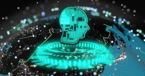 Image of head and data processing over dark background Stock Photos