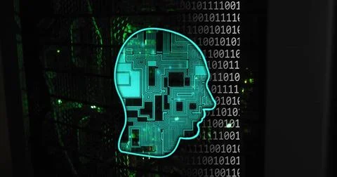 Image of head, binary coding and data processing over black background Stock Illustration