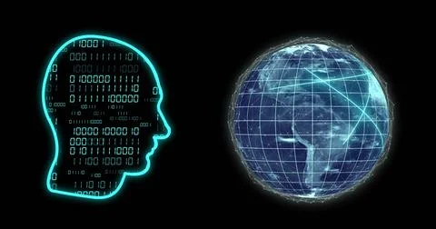 Image of head, binary coding and data processing over dark background Stock Photos