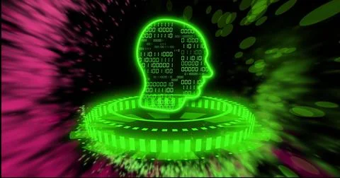 Image of head, binary coding and data processing over dark background 스톡 사진