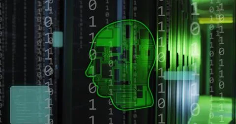 Image of head, binary coding data processing over computer servers Illustrazione stock