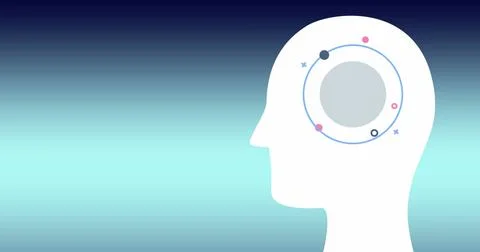 Image of head with circles and spots over blue background with copy space Ilustração Stock