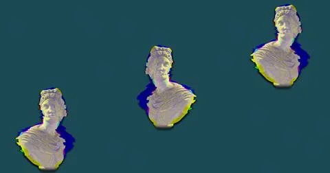 Image of head sculptures with interference on blue background Stock Photos