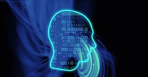 Image of head silhouette with data processing over light trails on black Stock Illustration