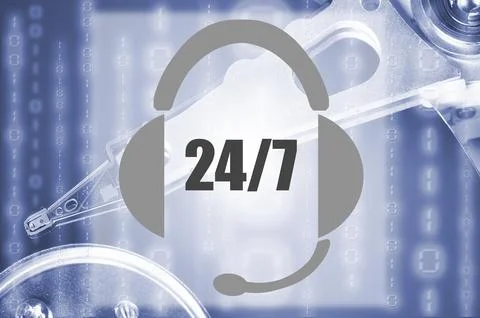 Image of an headset representing the concept of 24/7 support with an hard disk Stock Illustration
