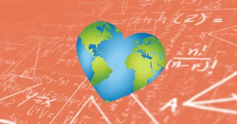Image of heart with map over mathematical equations on red chalkboard Ilustração Stock