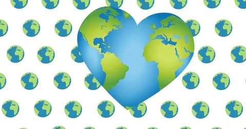 Image of heart shape globe over globes on white background Illustrazione stock