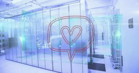 Image of heart shape over speech bubble and mathematical equations against .. Stock Photos