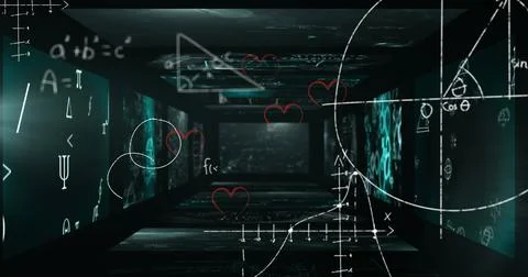 Image of hearts and data processing on black background イラスト素材