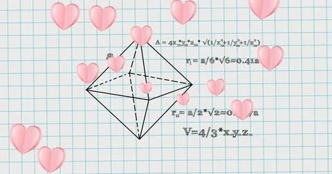 Image of hearts falling over mathematical equations in school notebook Stock Illustration