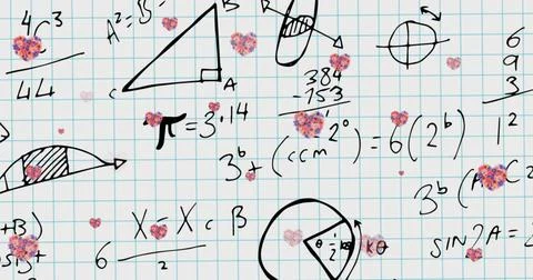Image of hearts falling over mathematical equations in school notebook Stock Illustration