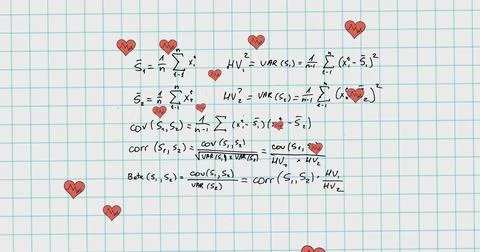 Image of hearts falling over mathematical equations in school notebook Stock Illustration
