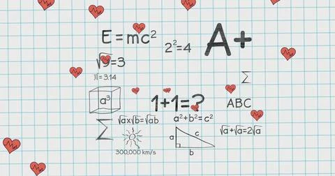 Image of hearts falling over mathematical equations in school notebook Stock Illustration