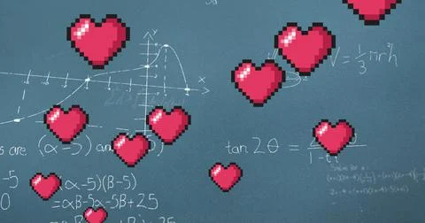 Image of hearts falling over mathematical equations on chalkboard Illustrazione stock