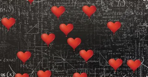Image of hearts falling over mathematical equations on chalkboard Illustrazione stock