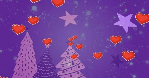 Image of hearts floating over violet background with christmas trees Ilustração Stock