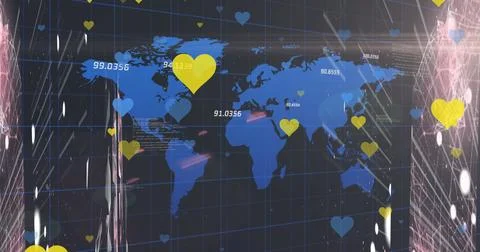 Image of hearts over data processing and world map on black background 스톡 일러스트