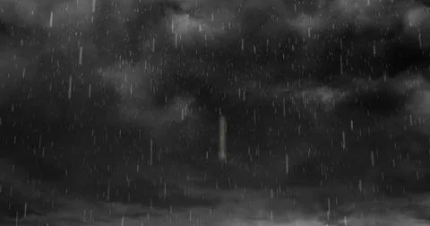 Image of heavy rain falling over lightning and stormy grey clouds background Stock Photos