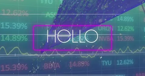 Image of hello text in rectangle over graphs, numbers and trading board over Foto stock