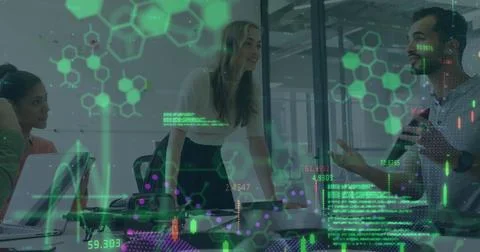 Image of hexagon patterns, graphs, map, computer language, diverse coworker.. Foto stock