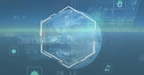 Image of hexagonal scanner frame processing data over globe on blue background 写真素材