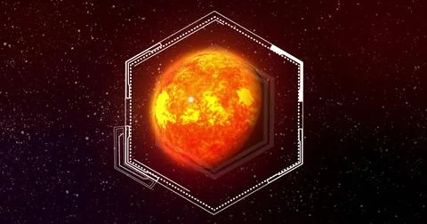 Image of hexagonal scanner frame processing data over orange globe in space Stock Photos