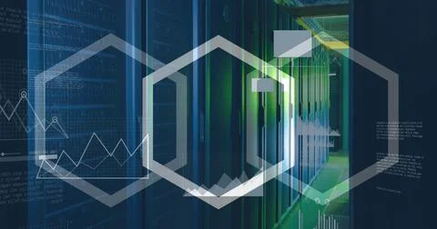 Image of hexagonal shapes and data processing against computer server room Foto stock