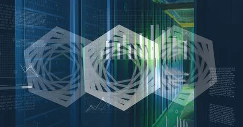 Image of hexagonal shapes and data processing against computer server room Foto stock