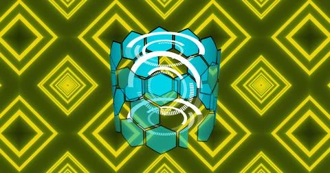 Image of hexagonal shapes spinning over yellow kaleidoscopic patterns in Stock Photos