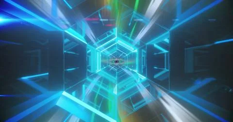 Image of hexagonal tunnel and multicolored dynamic pattern over black background 스톡 일러스트