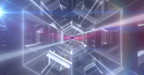 Image of hexagonal tunnel and multicolored dynamic pattern over black background Stockillustratie