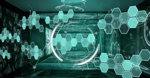 Image of hexagons and molecules over data processing with scope scanning on 스톡 일러스트