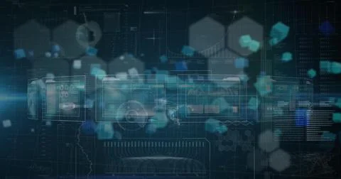 Image of hexagons over data processing on black background Illustrazione stock