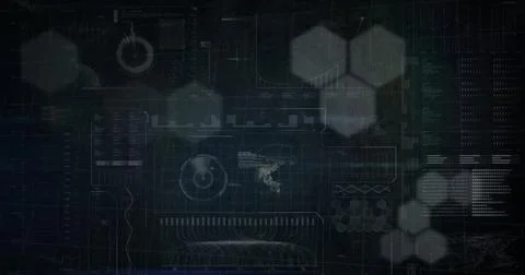 Image of hexagons over data processing on black background Foto stock