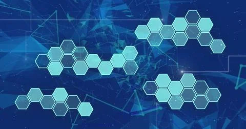 Image of hexagons over network of connections on blue background Stock Photos