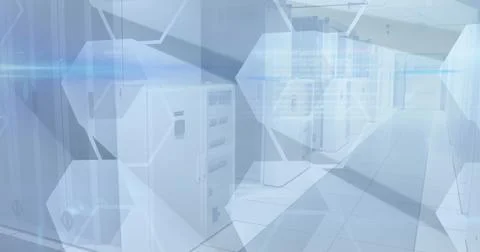 Image of hexagons over tech room with computer servers Foto stock
