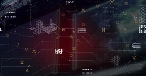 Image of hexagons pattern and geometric shapes over connected dots against .. Stock Photos