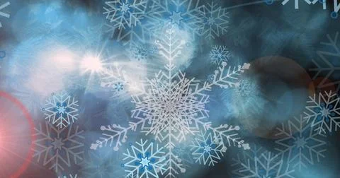 Image of hexagons pattern, looping snowflakes and lens flare over abstract Stock Photos